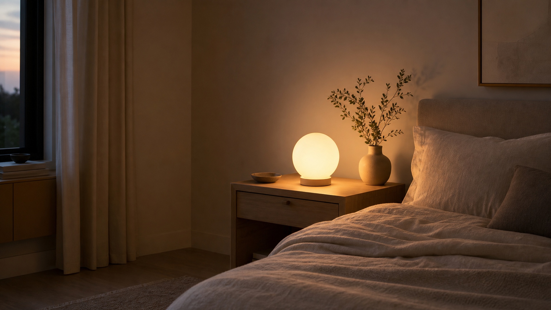 Warm ambient light in a calm bedroom setting