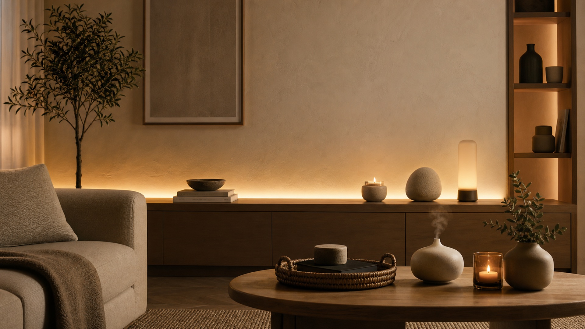 Warm ambient living space with soft lighting