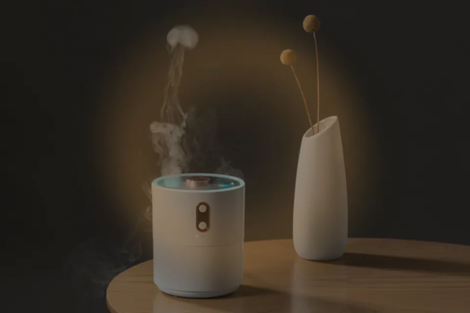 Cauora Volcano Flame Diffuser mist close-up beside warm light
