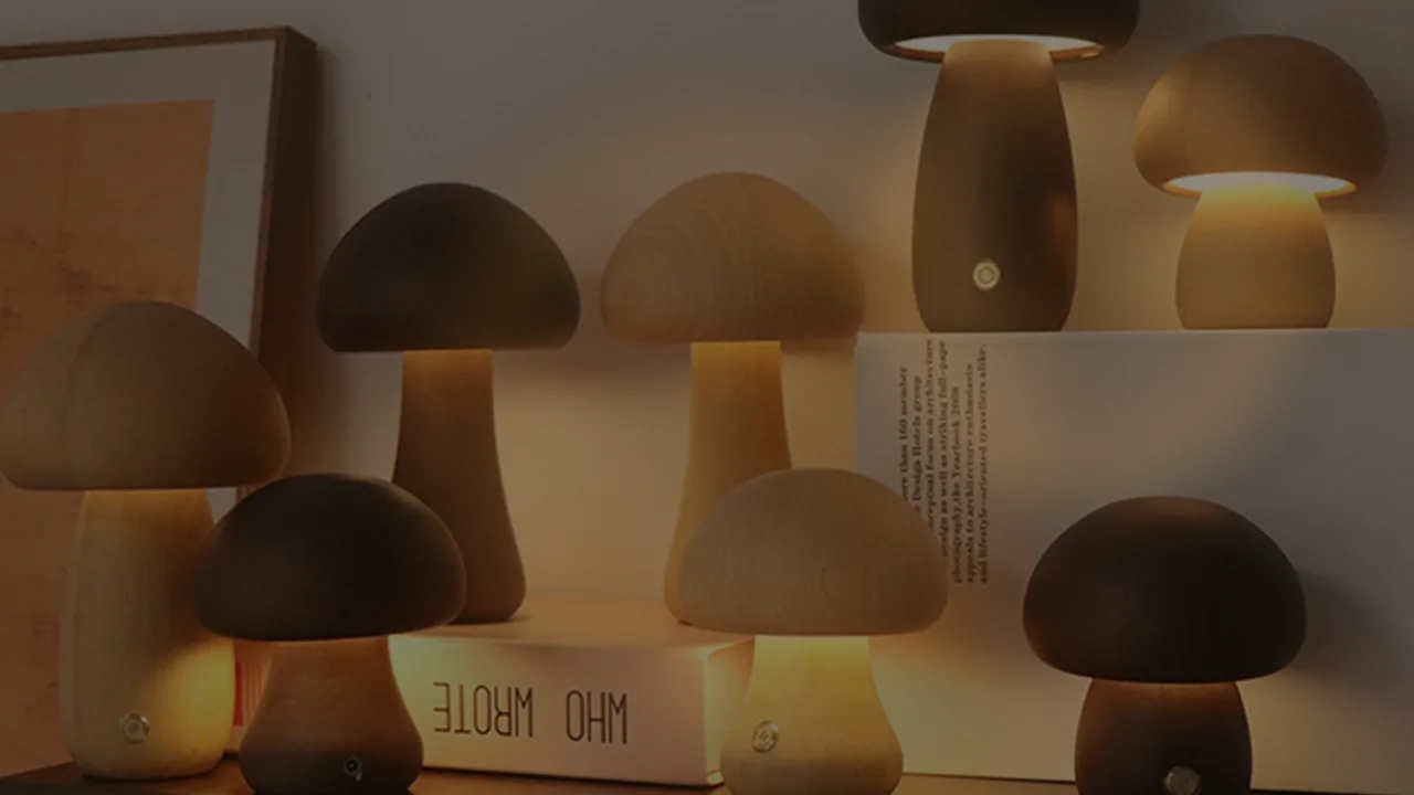 Cauora Mushroom Glow Night Light creating cozy lighting in a small bedroom corner