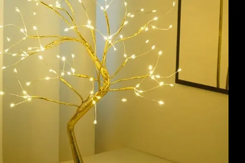 LED Copper Wire Bedroom Light close-up with warm branch lights glowing