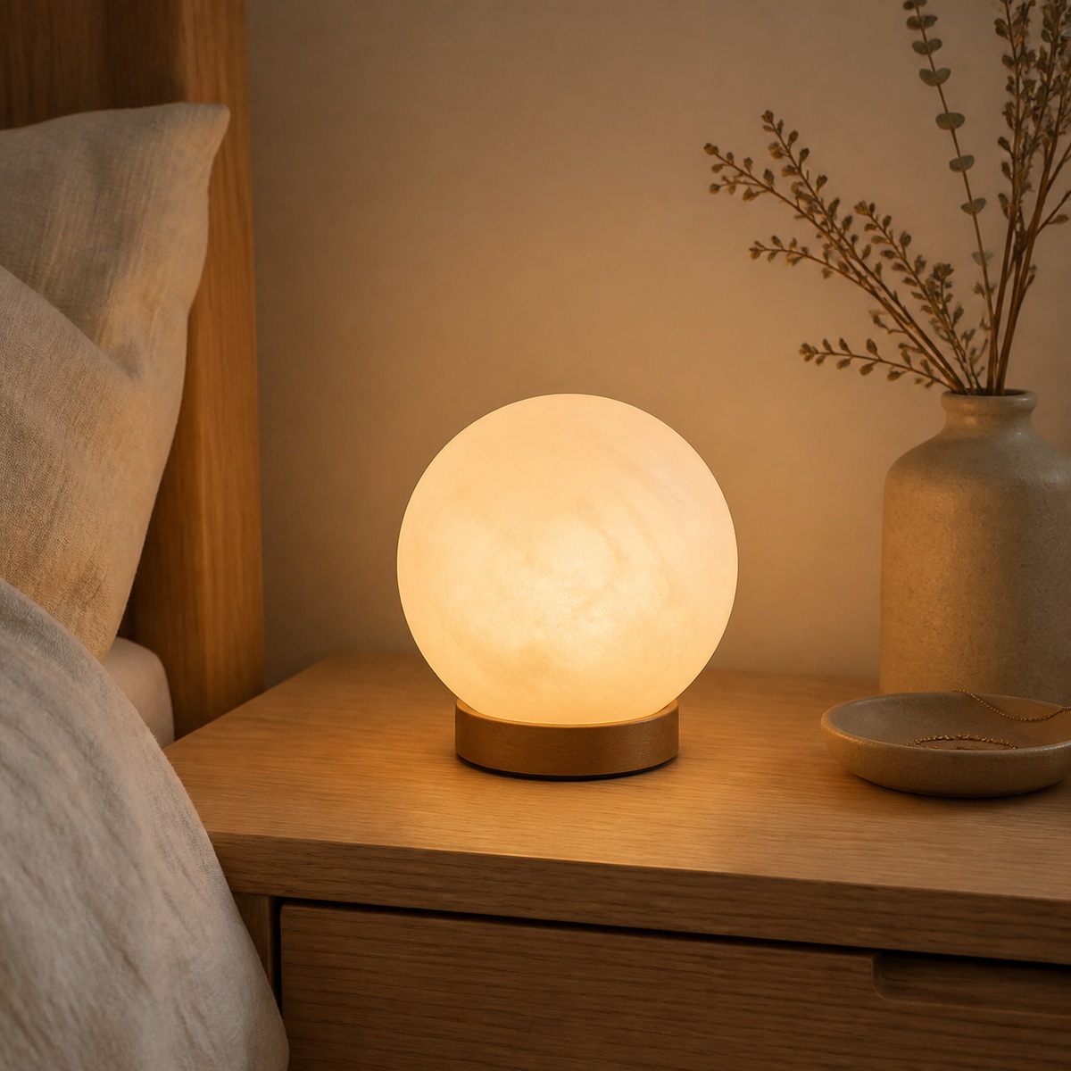 Frosted globe table lamp casting warm light on a quiet bedside table