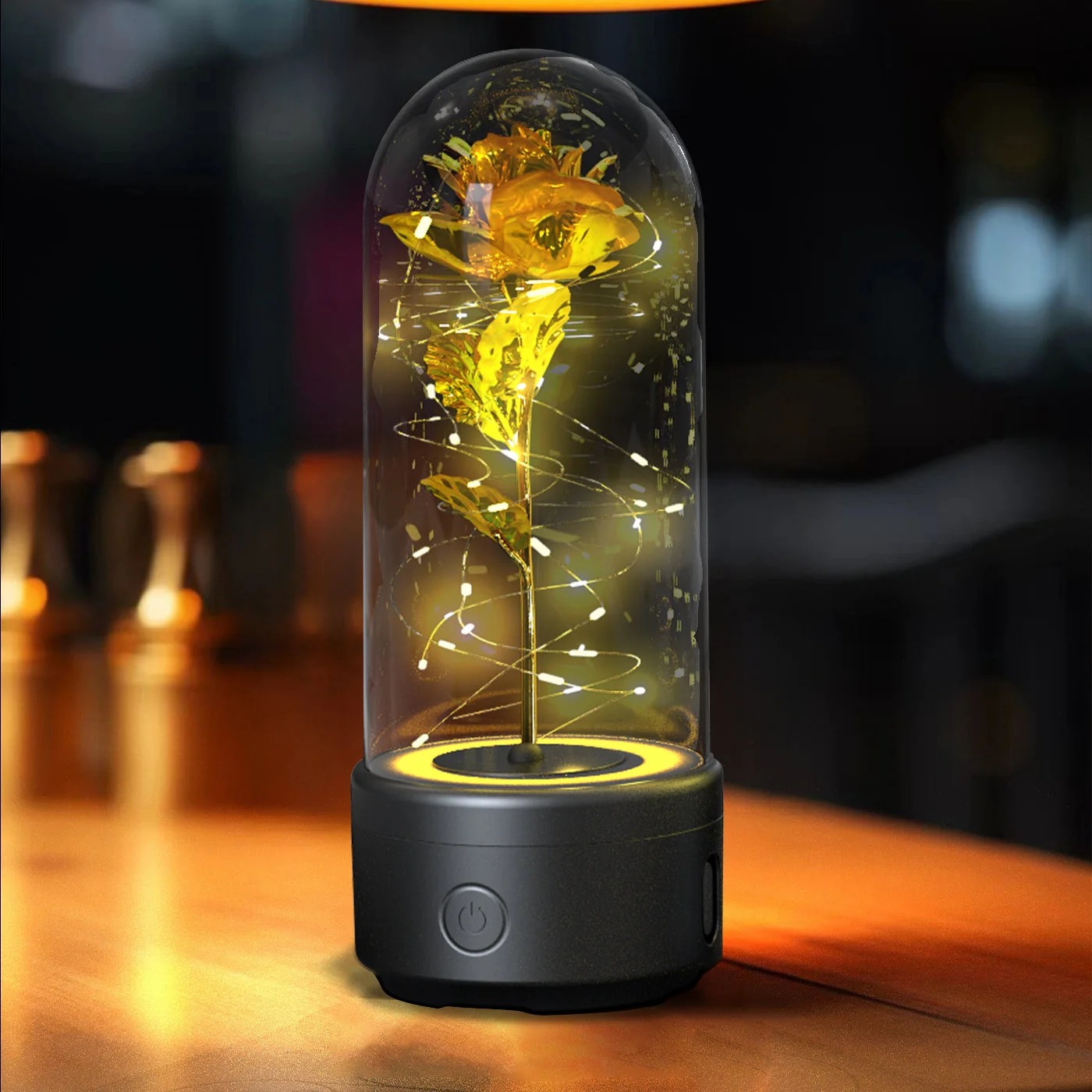 Gold rose Bluetooth speaker lamp on black base