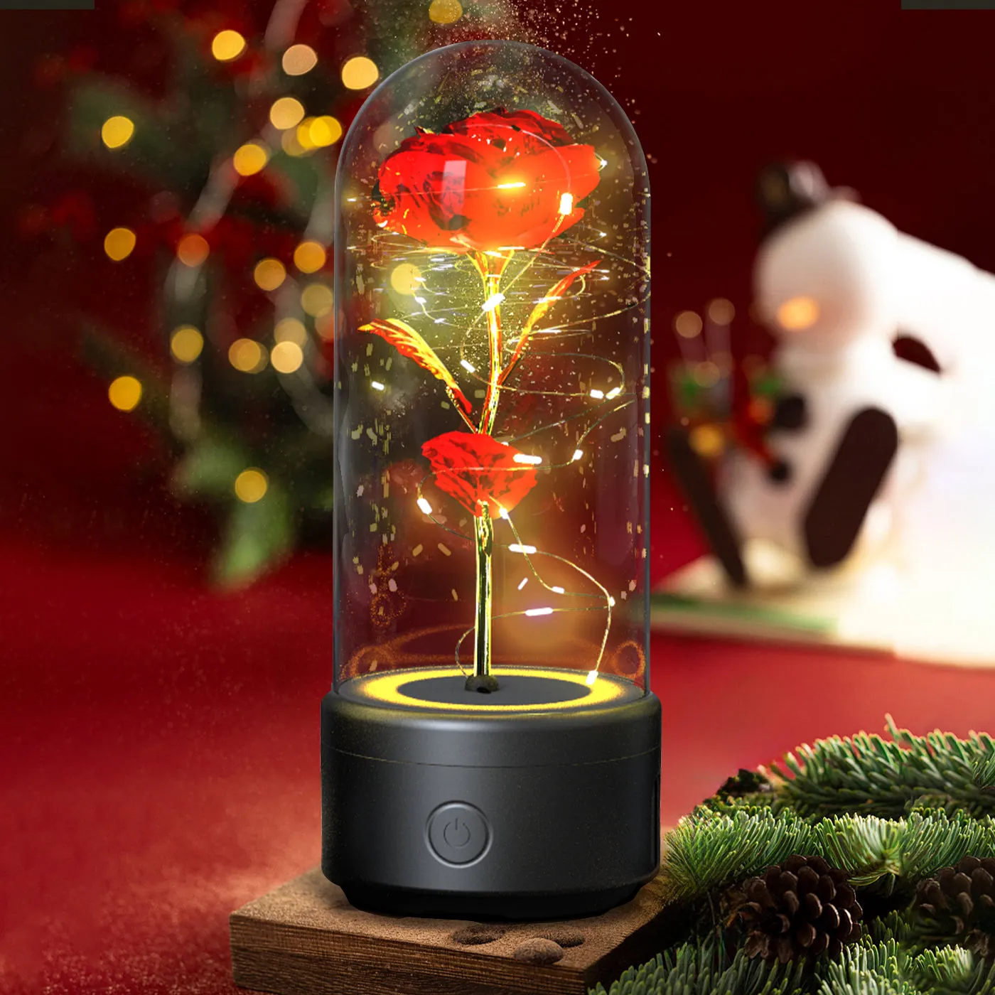 Red rose Bluetooth speaker lamp on black base