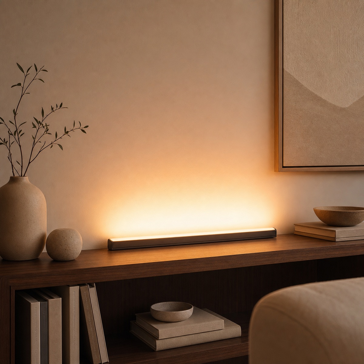 Low-profile room light bar casting indirect warm light across a shelf