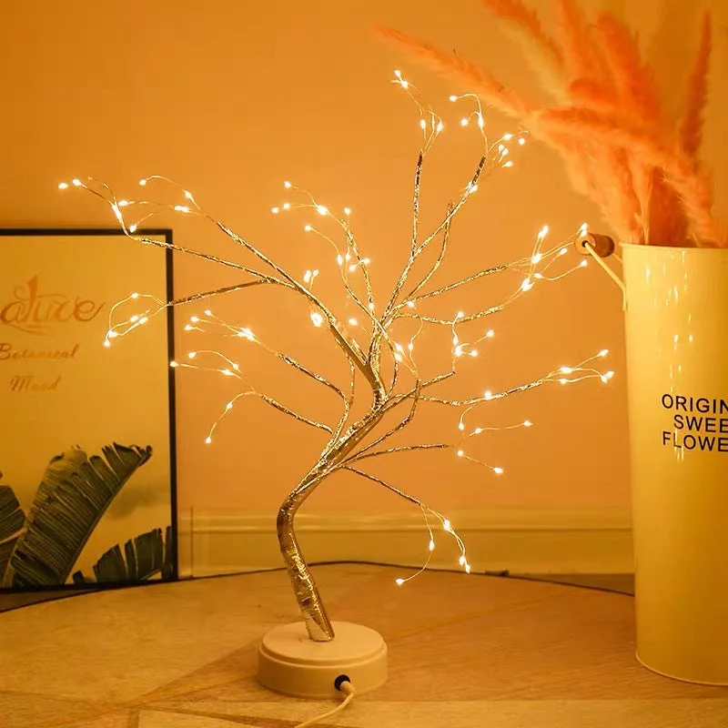 Warm LED copper wire bedroom light shaped like a small decorative tree