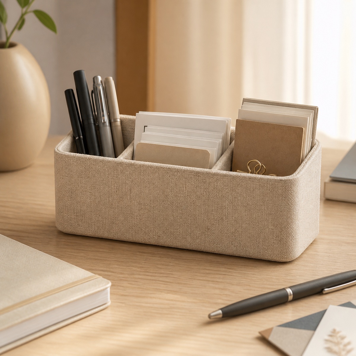 Natural linen desk organizer holding pens and cards on a warm minimal desk