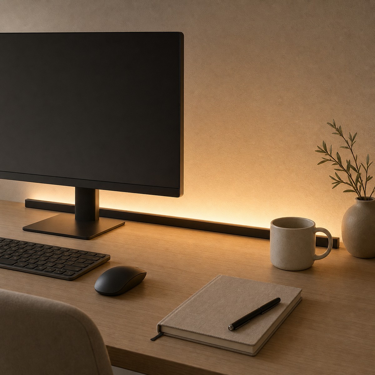 Slim matte desk light bar creating a warm glow behind a minimal workspace