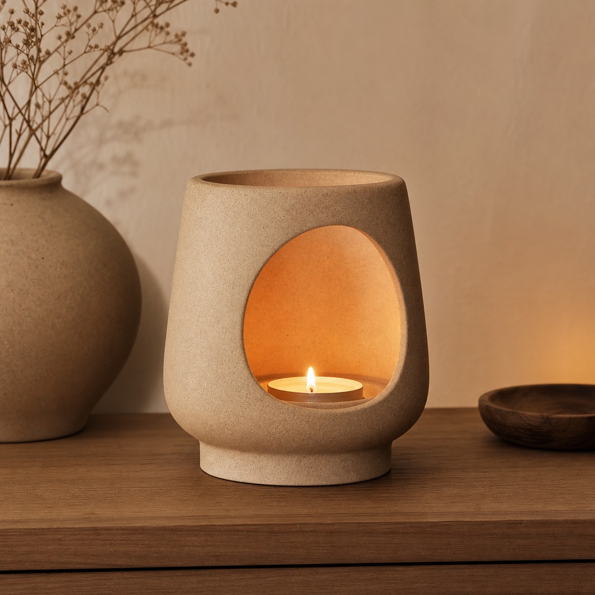 Sand-toned matte candle holder with a small warm candle glow