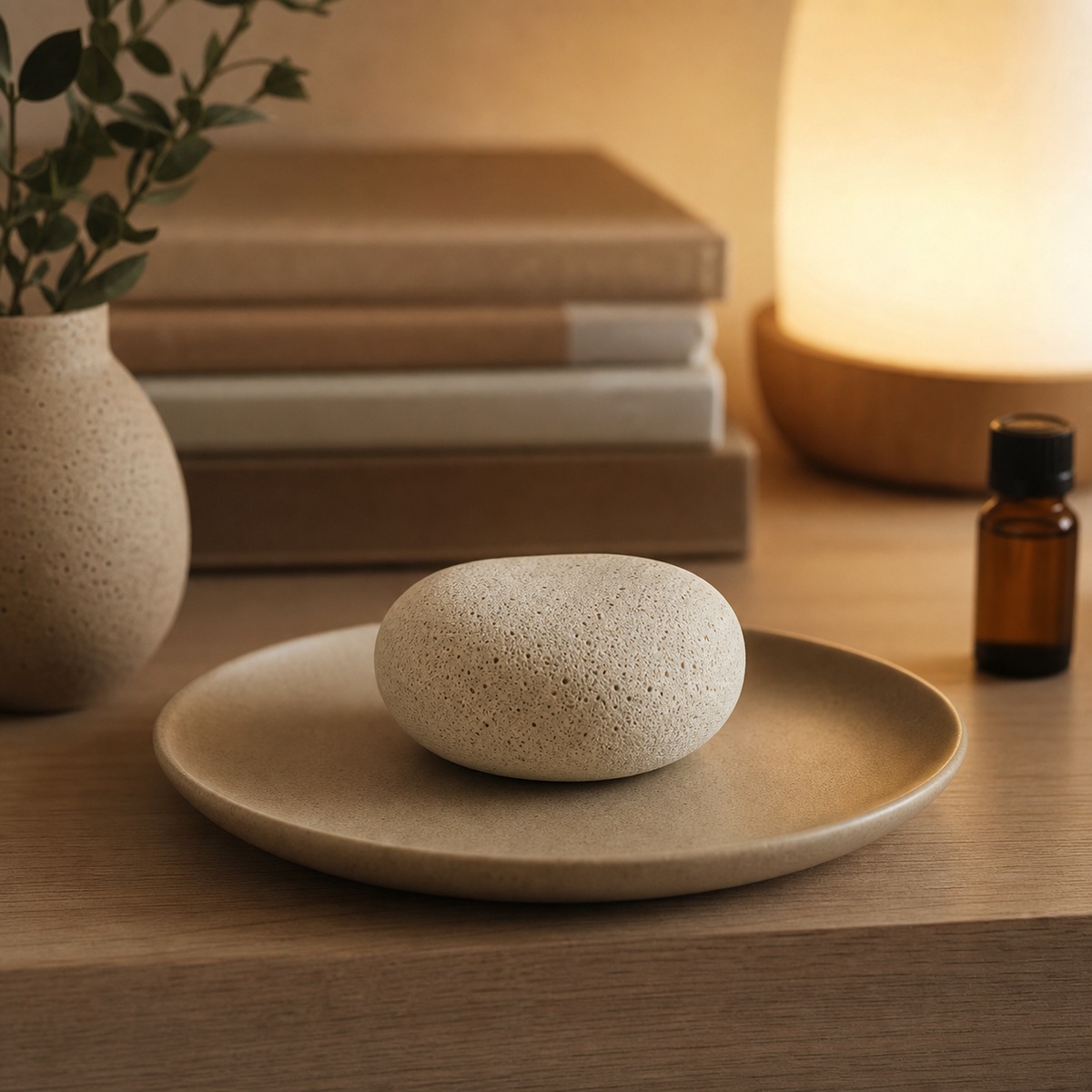 Porous ceramic diffuser stone on a shelf beside soft ambient light