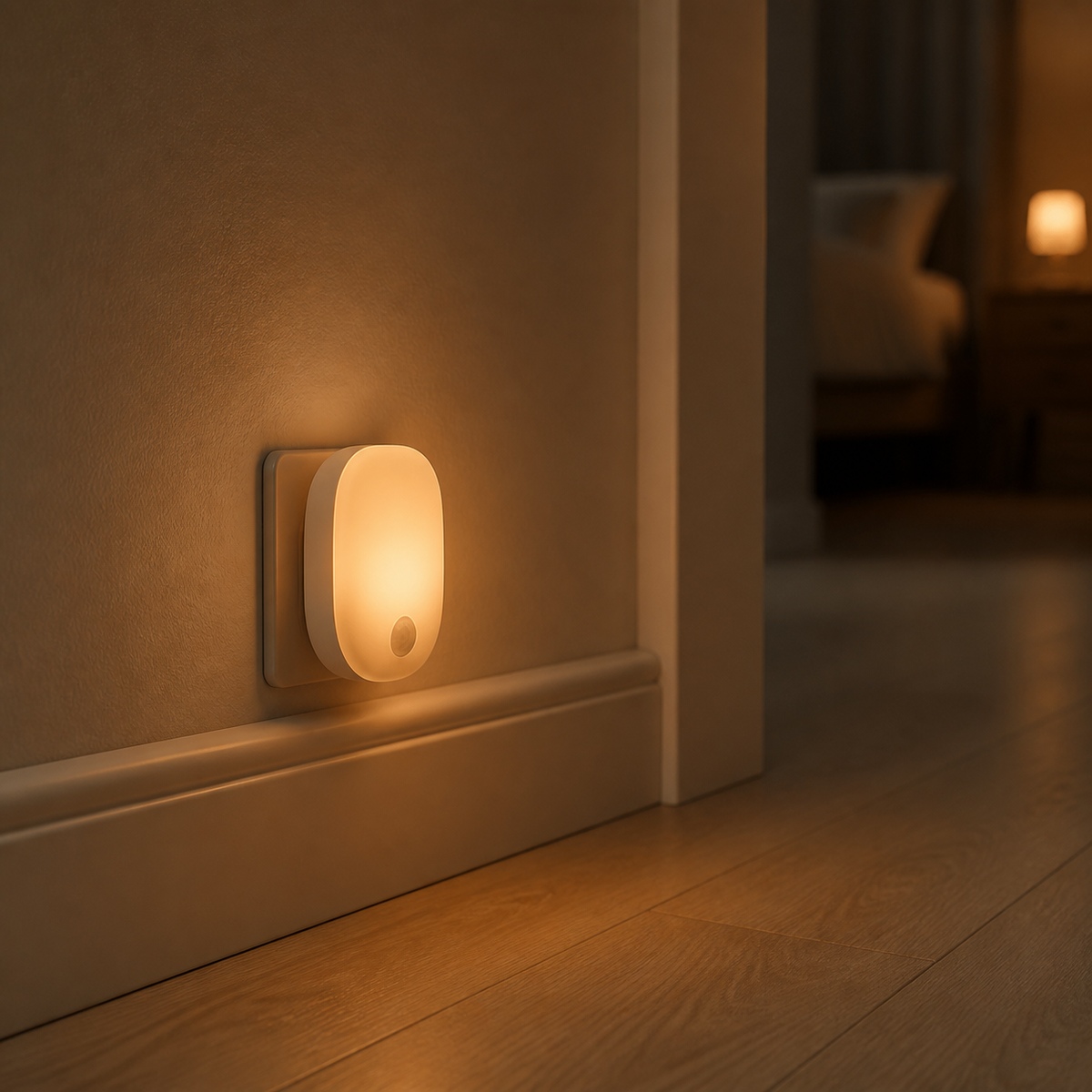 Amber motion night light glowing softly along a hallway wall