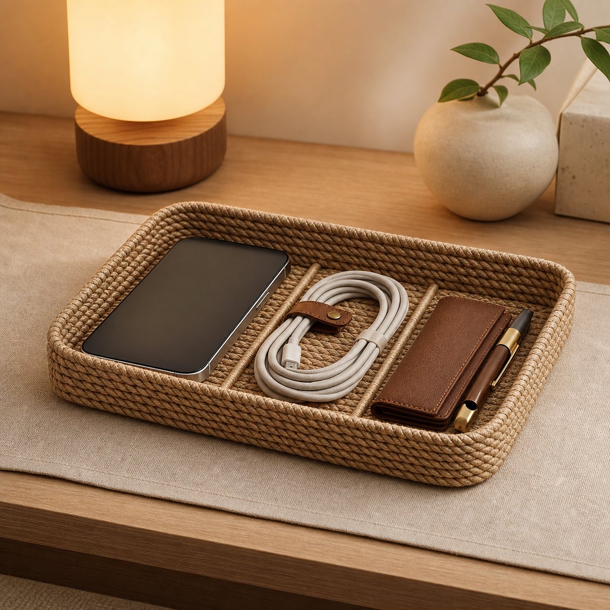 Natural woven charging tray holding a phone and cable on a clean tabletop